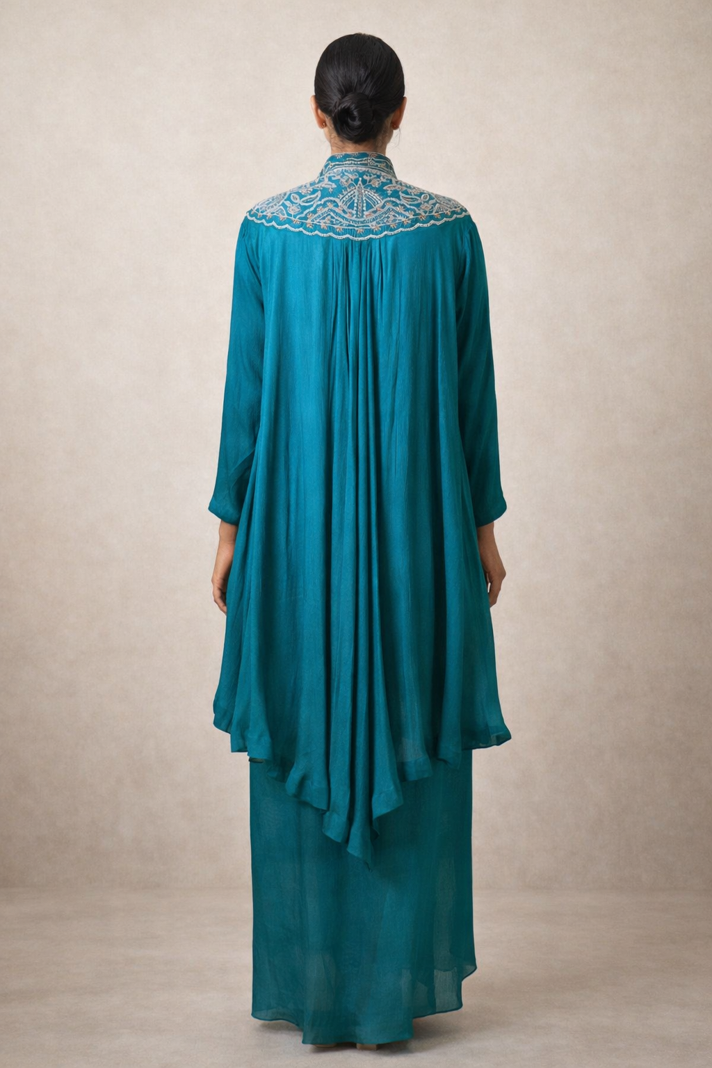 Teal Hand-Embroidered Layered Kaftan Set