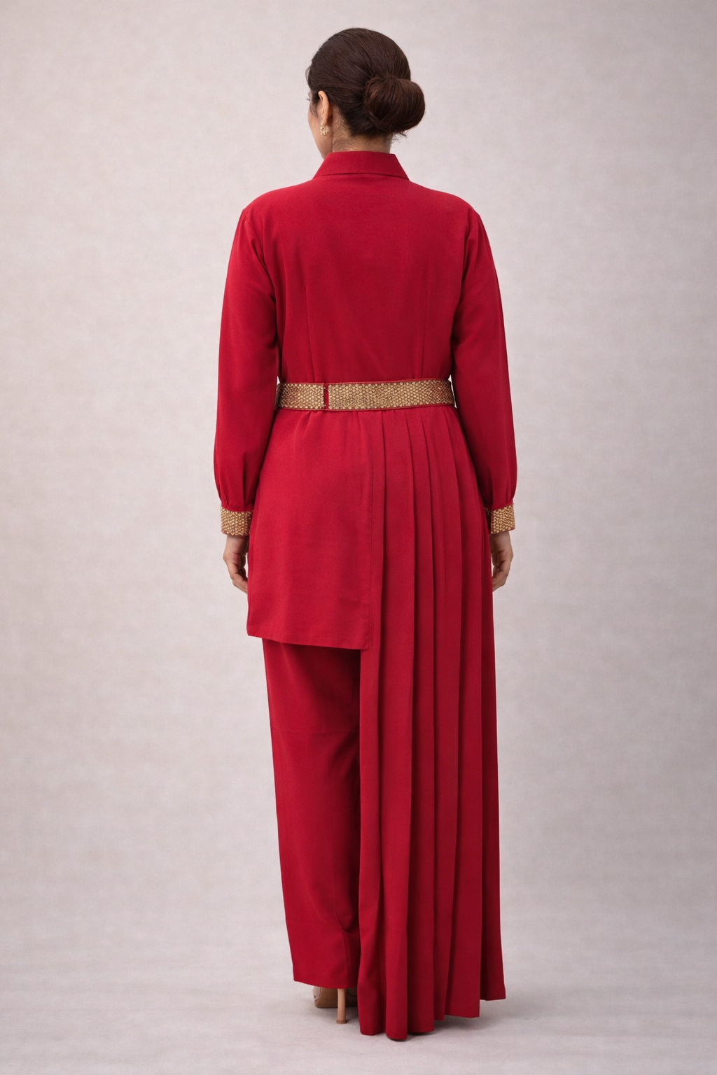 Crimson Pleated Set with Embellished Belt