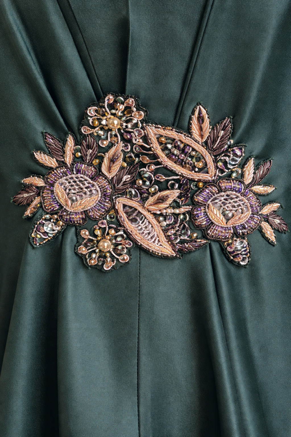 Emerald Satin Kaftan Set with Hand Embroidered Waist