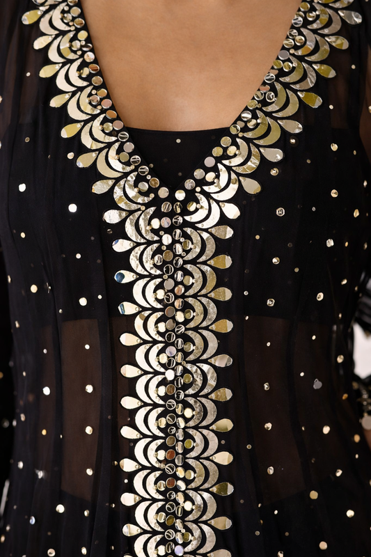 Black Embellished Georgette Kurta Set with Dhoti Pants