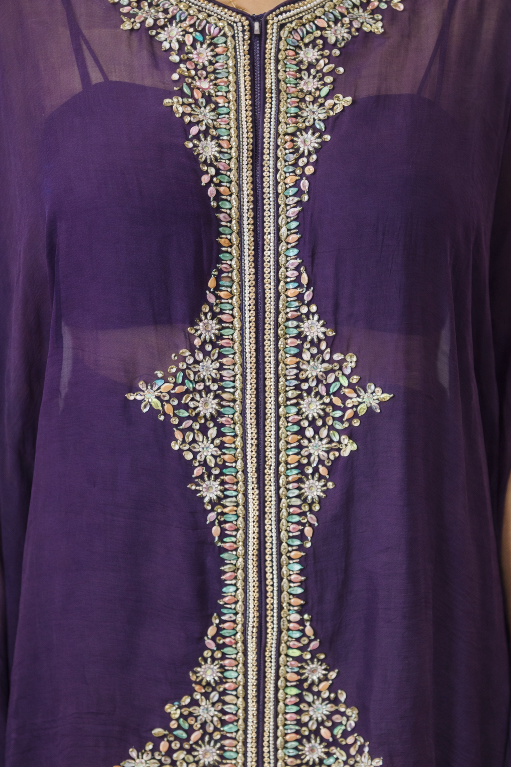 Purple Hand-Embroidered Georgette Cape Set with Draped Skirt