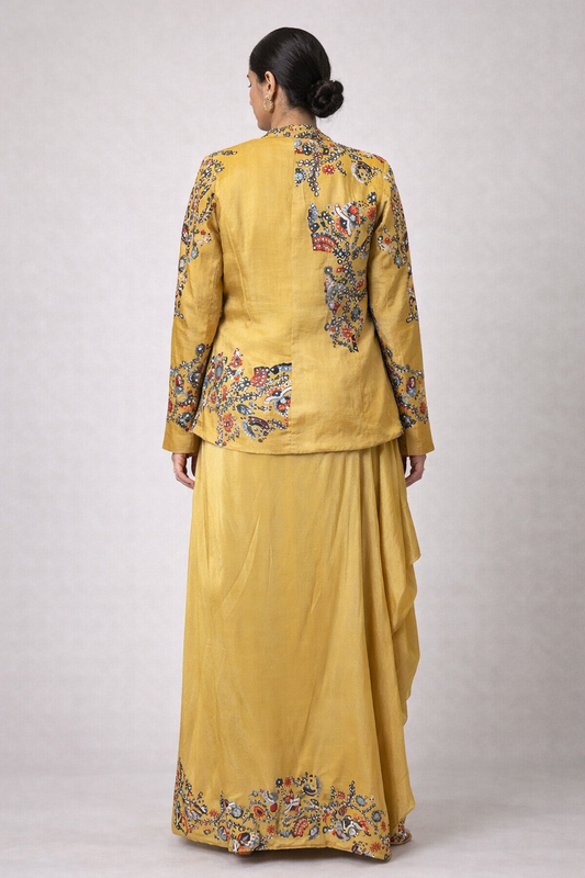 Mustard Printed Cotton Silk Jacket Set with Draped Crepe Skirt & Bralette