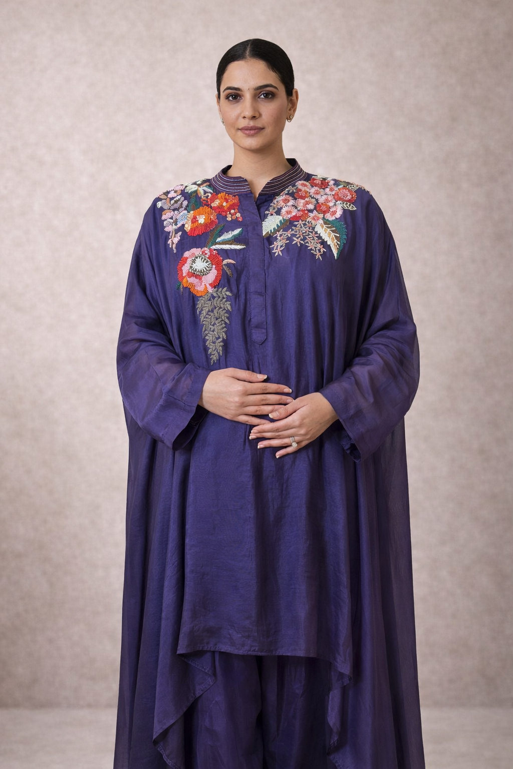 Purple Hand-Embroidered Cape Kurta Set with Inner