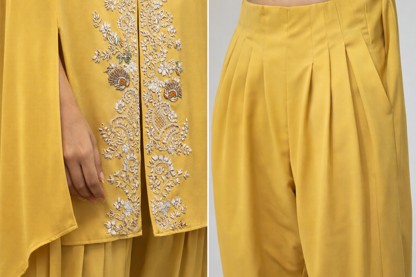 Mustard Yellow Embroidered Cape Kurta Set with Inner & Dhoti Pants