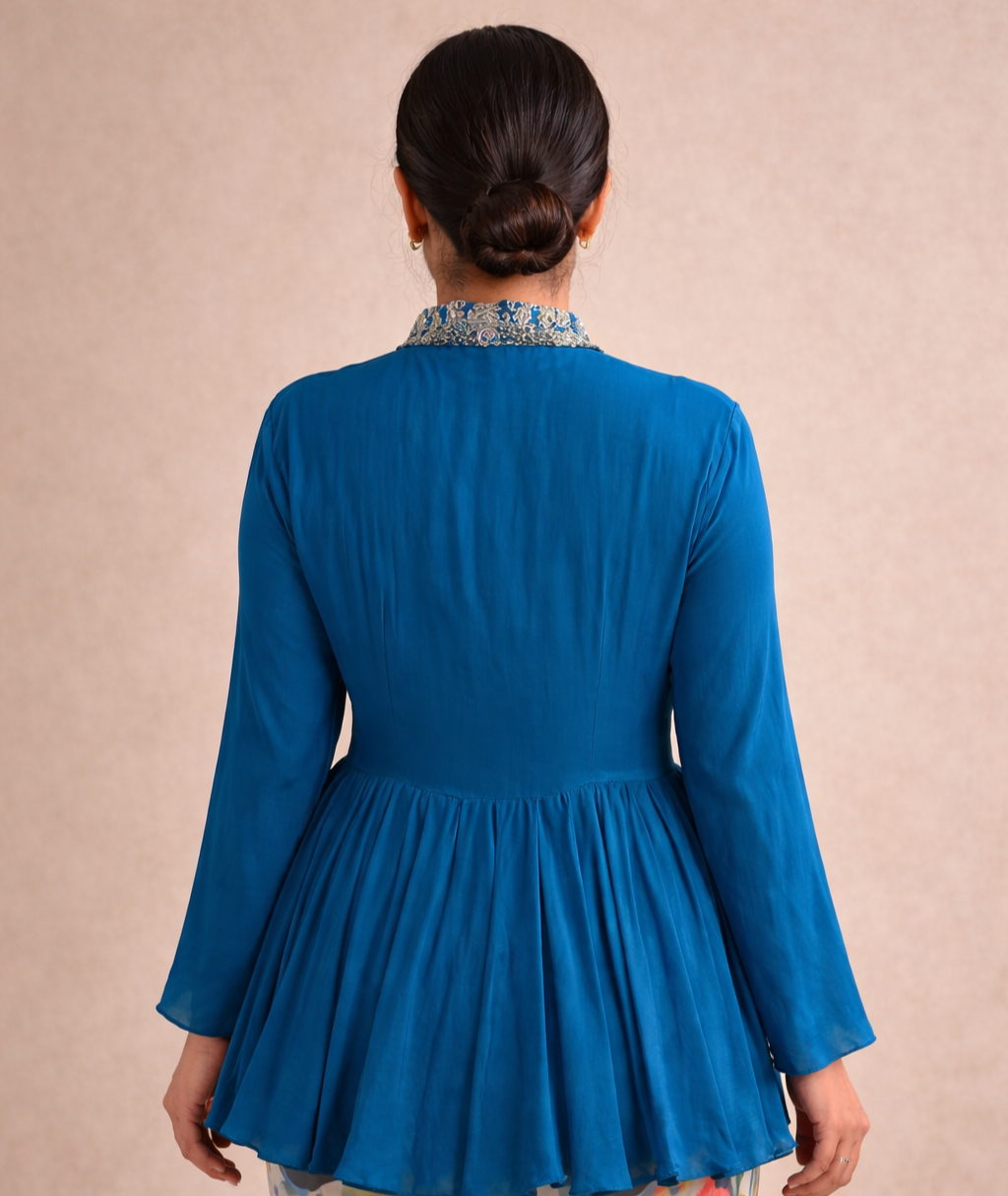 Teal Blue Embroidered Pure Crepe Peplum Top with Floral Georgette Palazzo Set