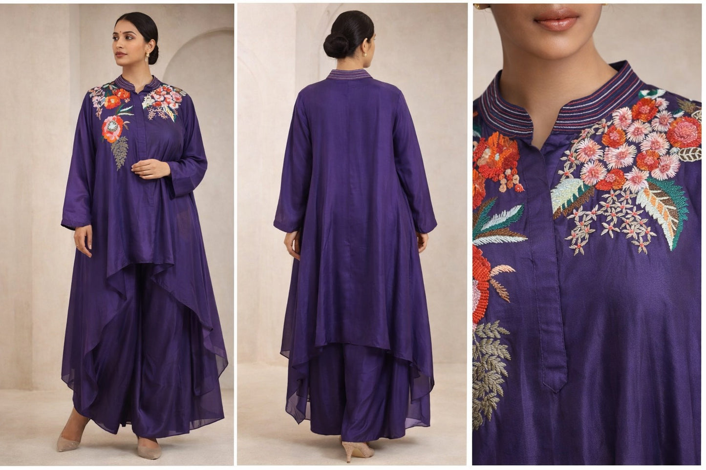 Purple Hand-Embroidered Cape Kurta Set with Inner