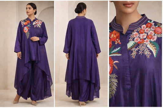 Purple Hand-Embroidered Cape Kurta Set with Inner
