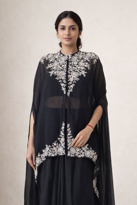 Black Hand Embroidered Cape Set – Elegant Evening Indian Fusion Wear