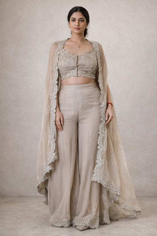 Champagne Embroidered Cape Set – Elegant Indian Fusion Wear