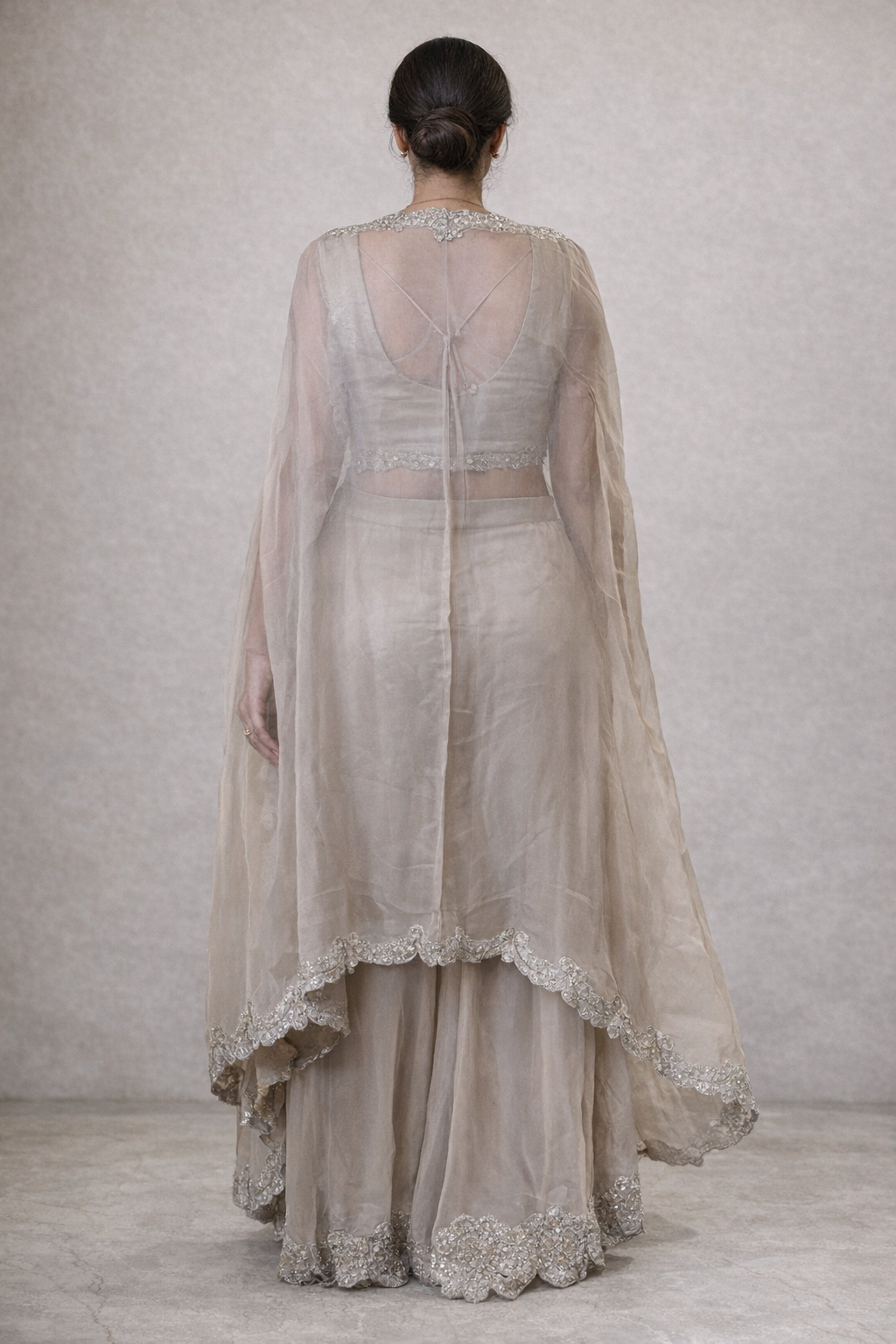 Champagne Embroidered Cape Set – Elegant Indian Fusion Wear