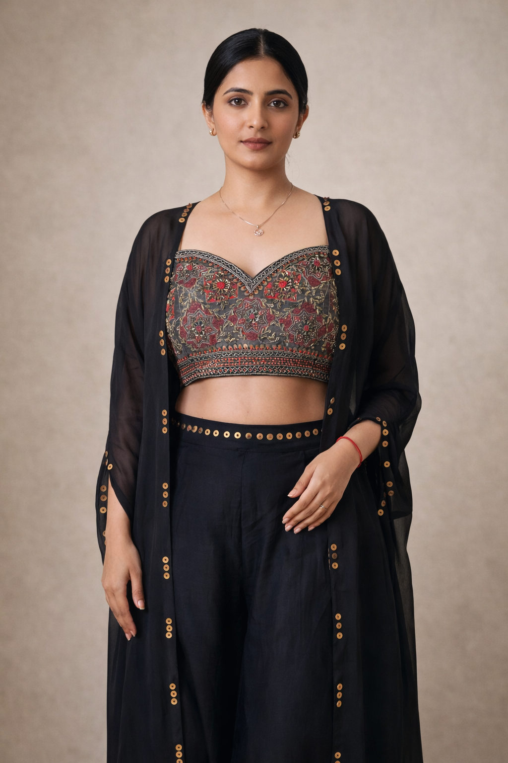 Black Embroidered Tissue Blouse & Georgette Cape and Bottom
