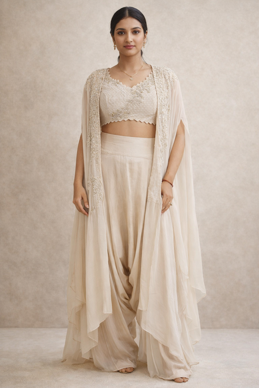 Ivory Embroidered Cape Set with Scalloped Blouse & Drape Pants