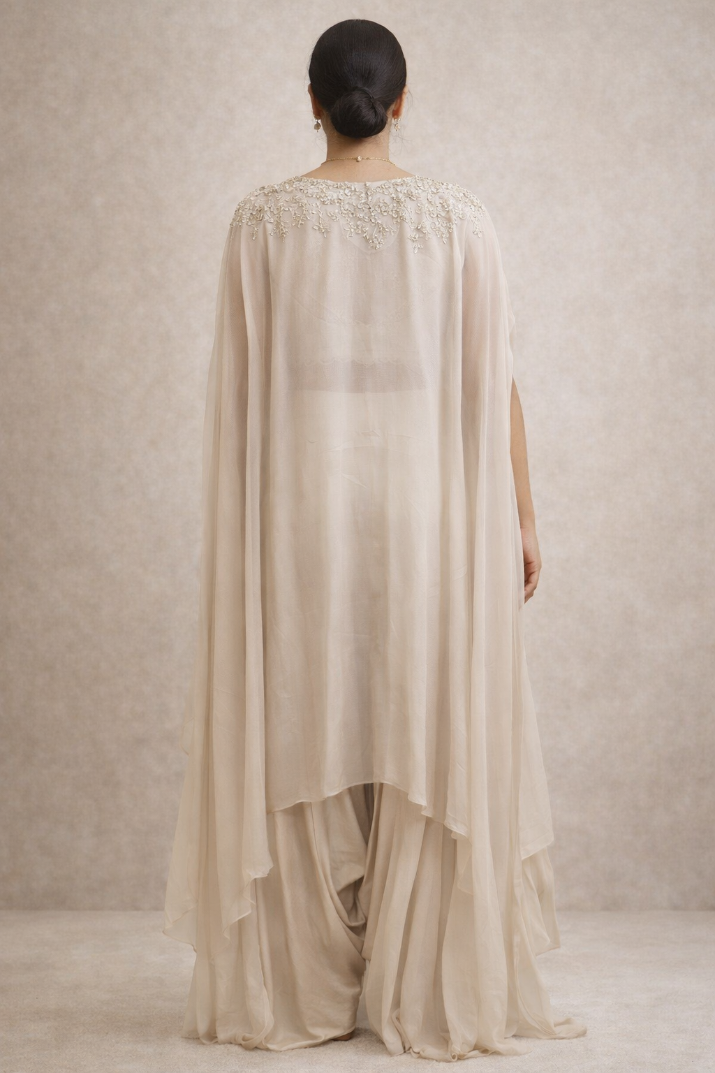 Ivory Embroidered Cape Set with Scalloped Blouse & Drape Pants