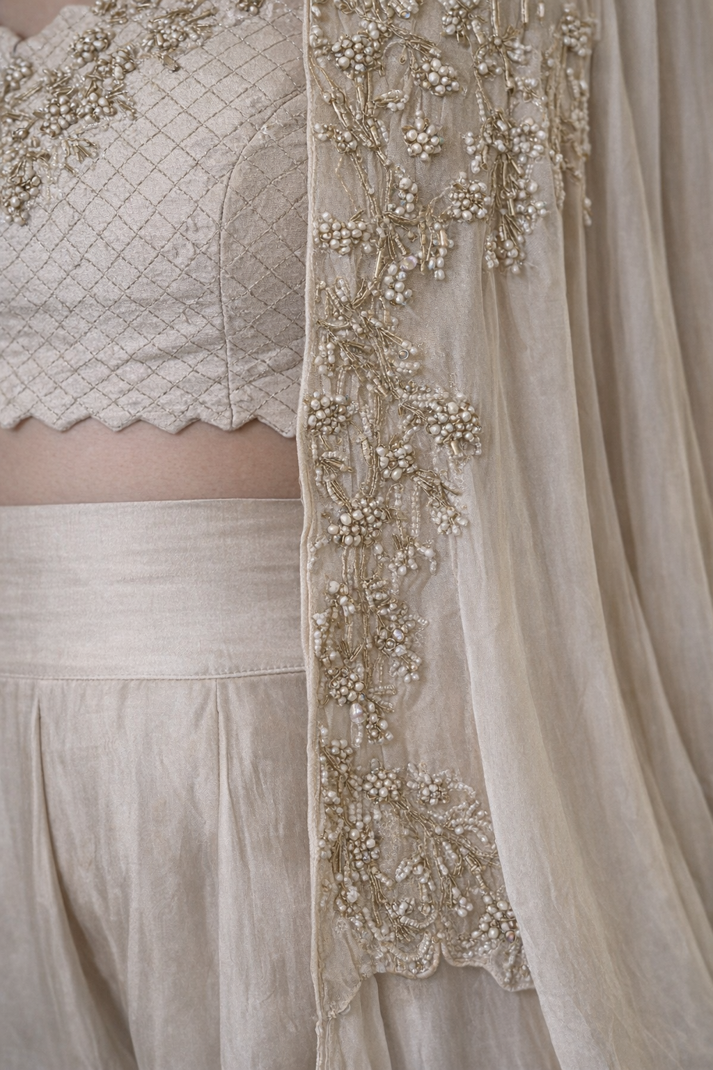 Ivory Embroidered Cape Set with Scalloped Blouse & Drape Pants
