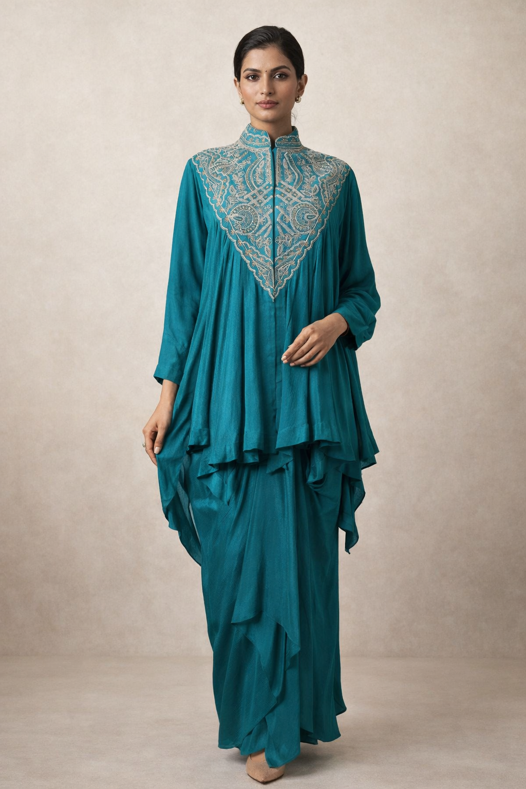 Teal Hand-Embroidered Layered Kaftan Set
