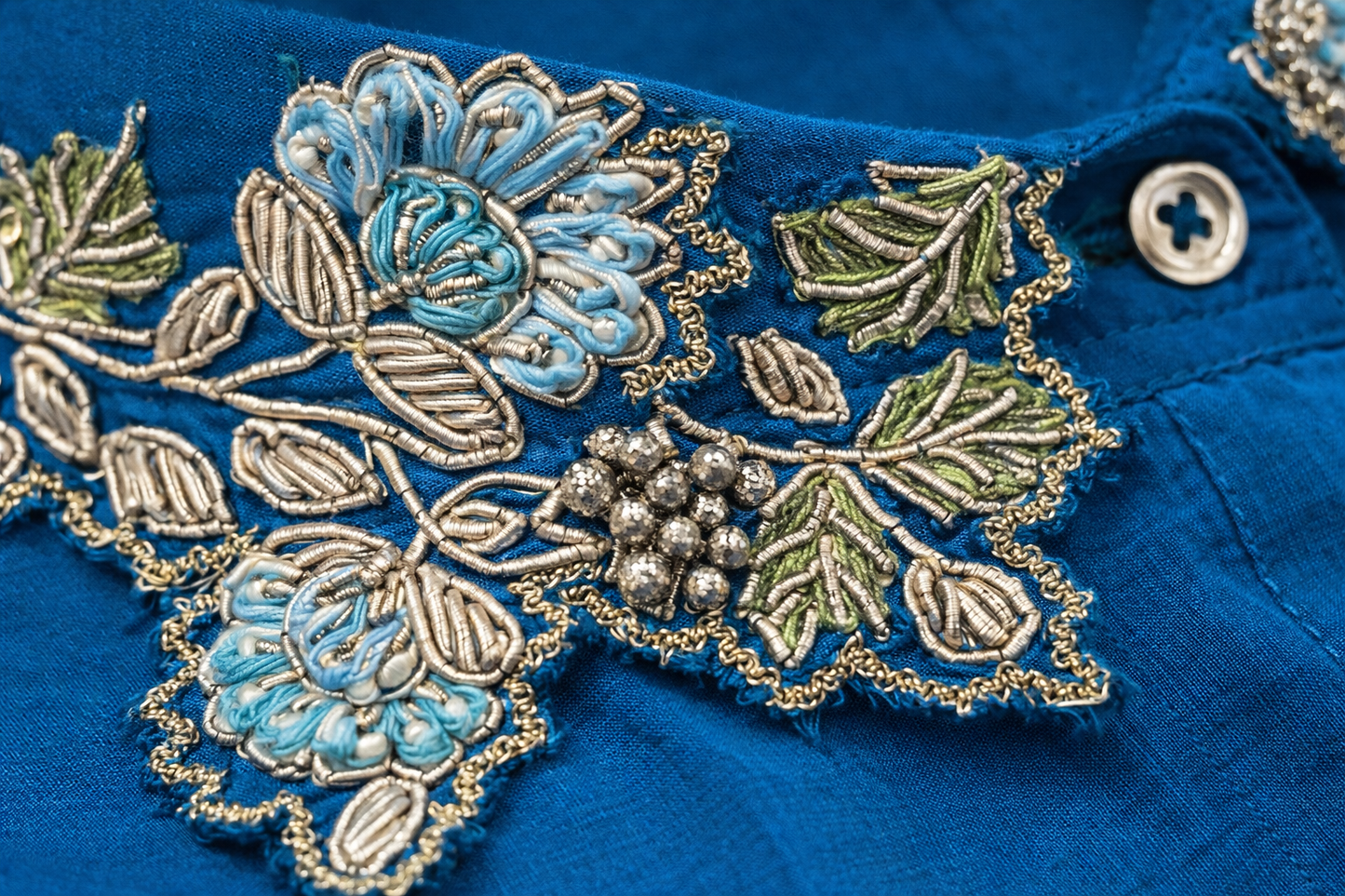 Teal Blue Embroidered Pure Crepe Peplum Top with Floral Georgette Palazzo Set