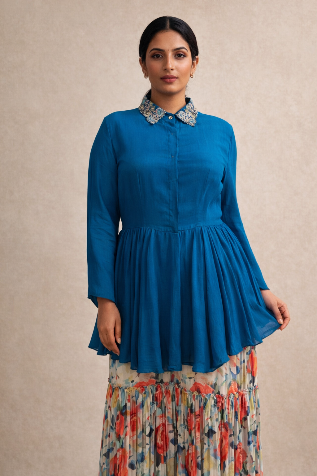 Teal Blue Embroidered Pure Crepe Peplum Top with Floral Georgette Palazzo Set