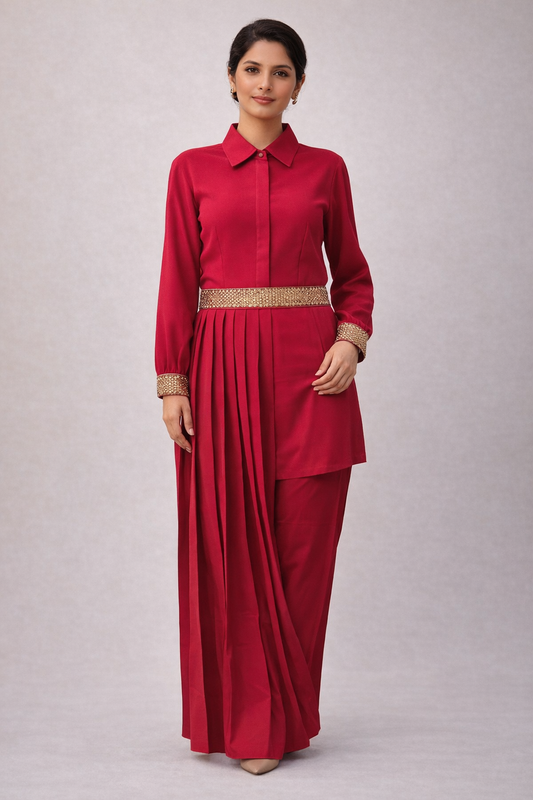 Crimson Pleated Set with Embellished Belt