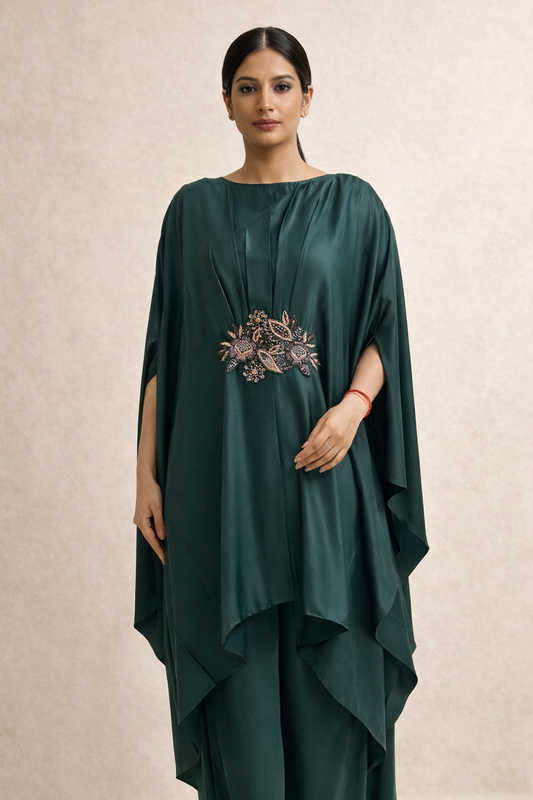 Emerald Satin Kaftan Set with Hand Embroidered Waist
