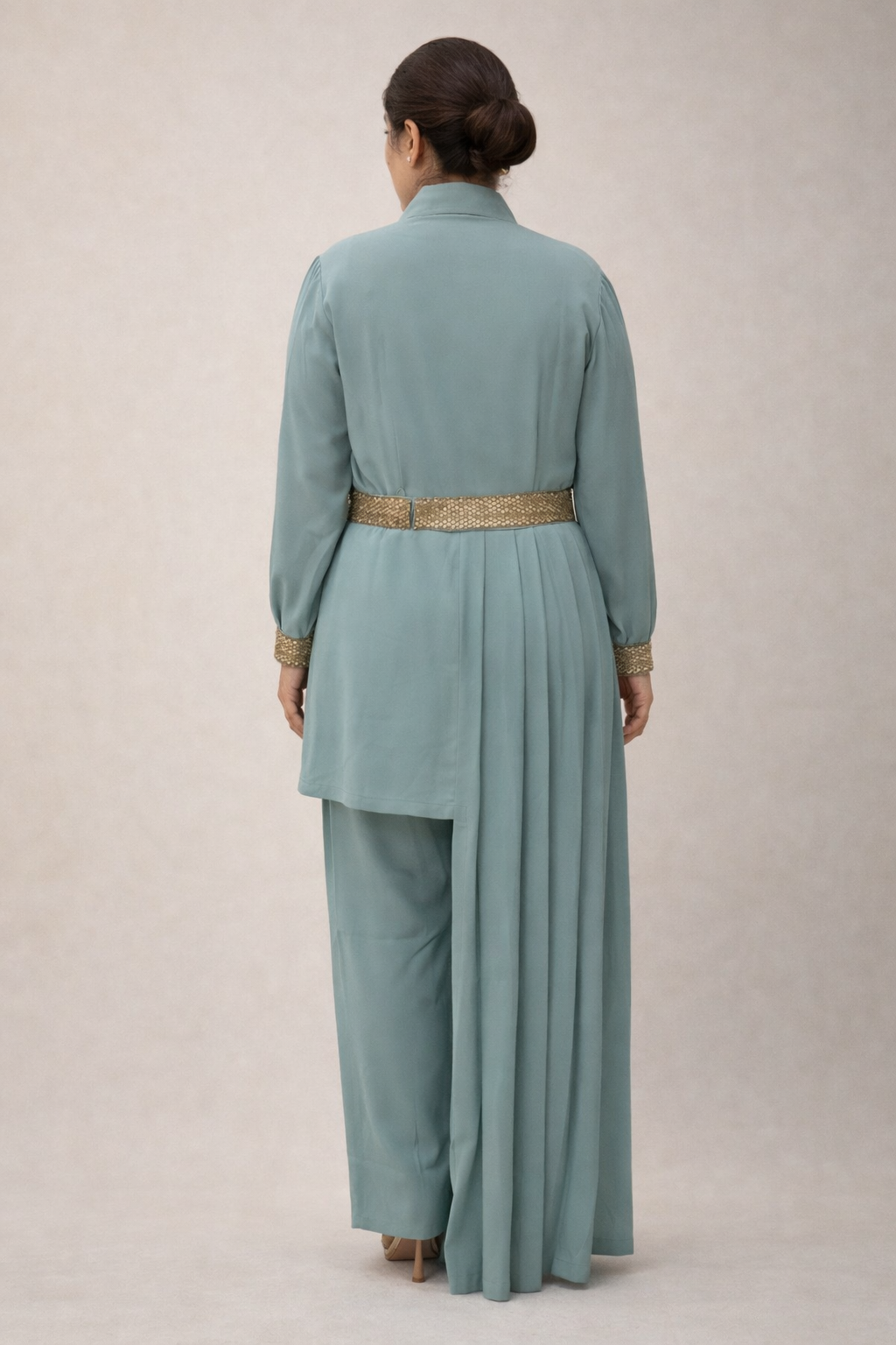 Seafoam Pleated Kurta Set with Embellished Belt