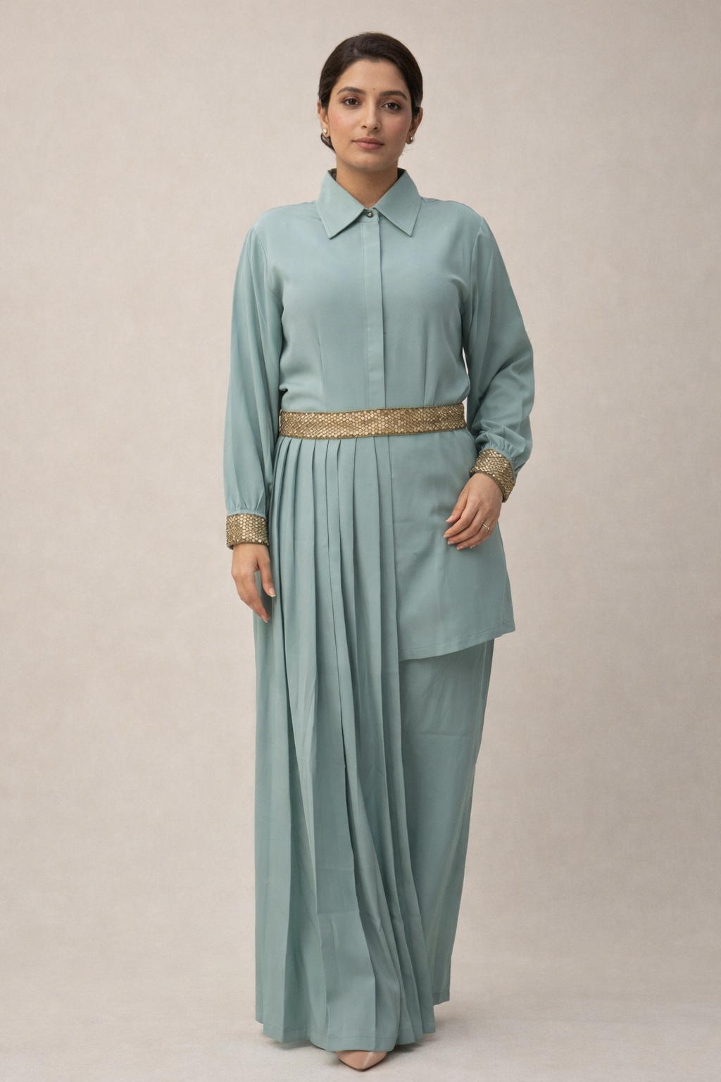Seafoam Pleated Kurta Set with Embellished Belt