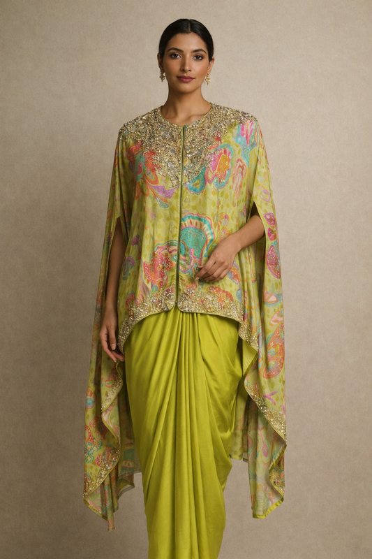 Lime Printed Hand Embroidered Cape