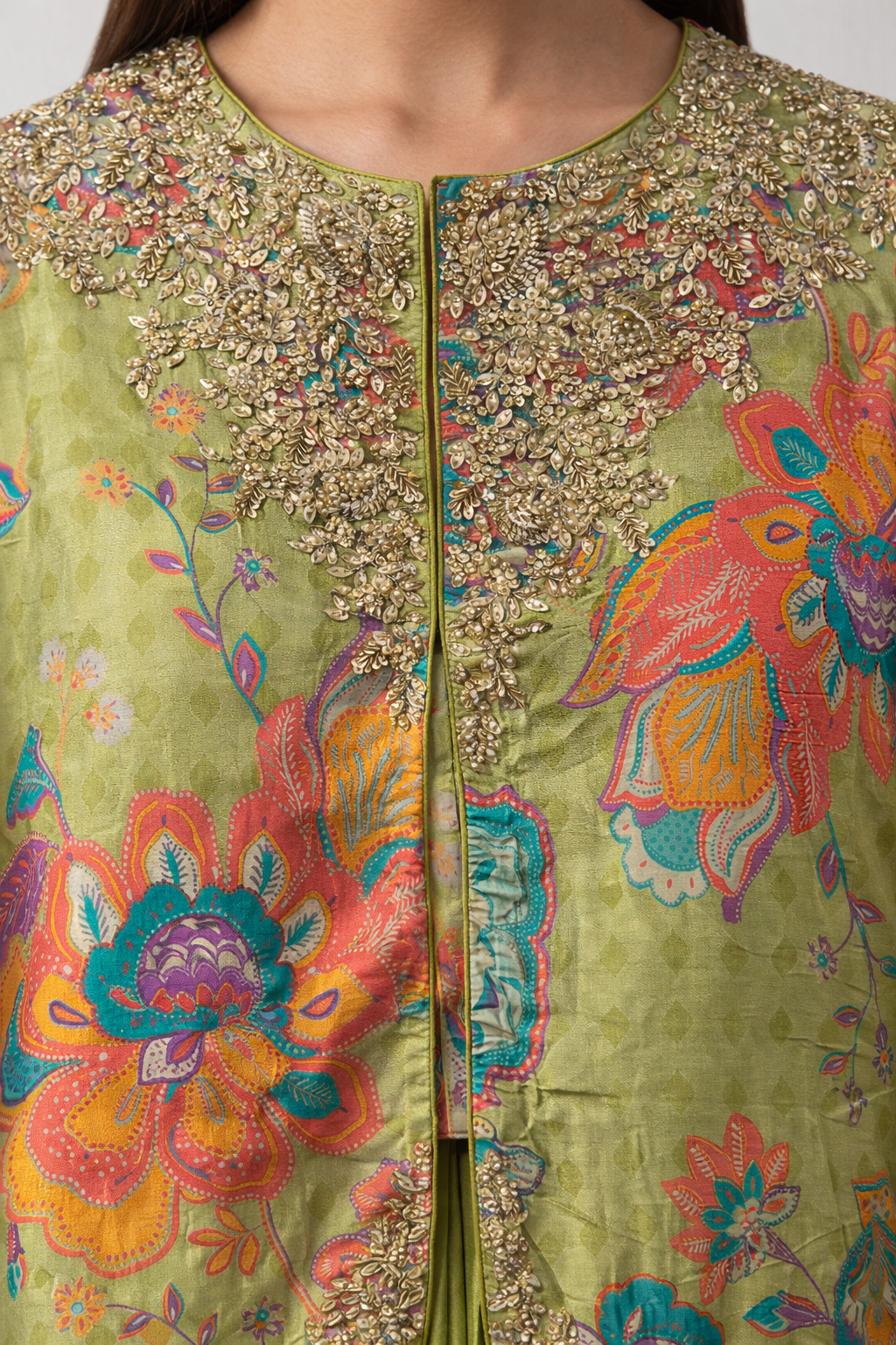 Lime Printed Hand Embroidered Cape