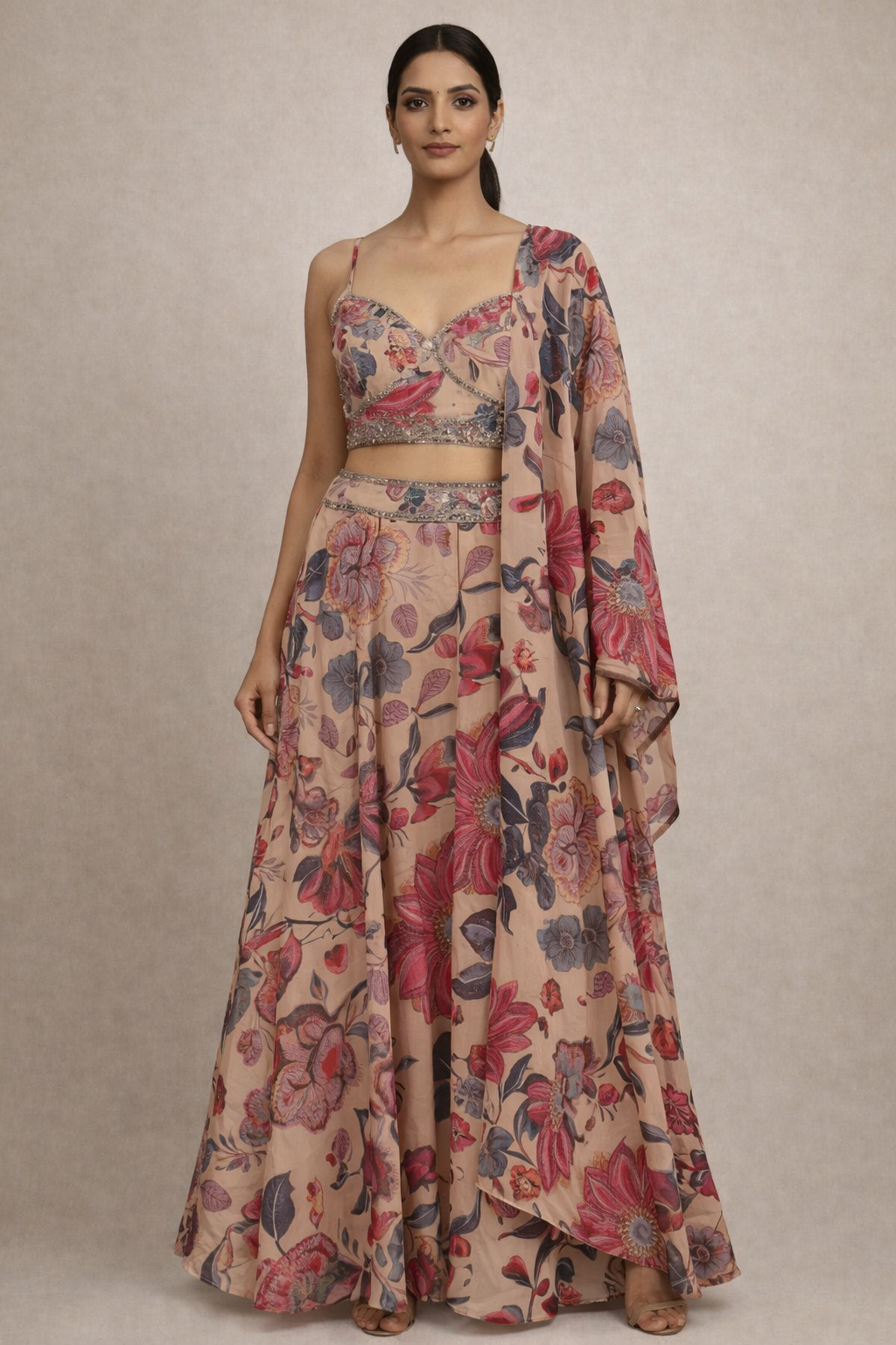 Pink Floral Printed Lehenga Set with Dupatta
