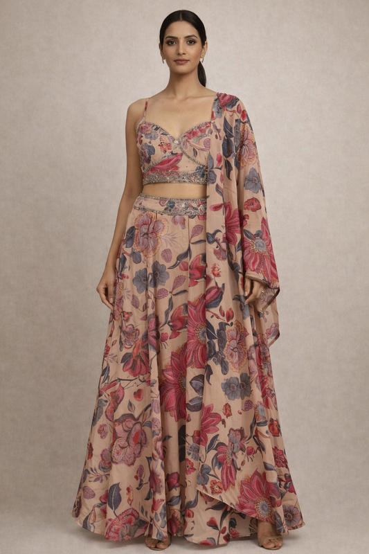 Pink Floral Printed Lehenga Set with Dupatta