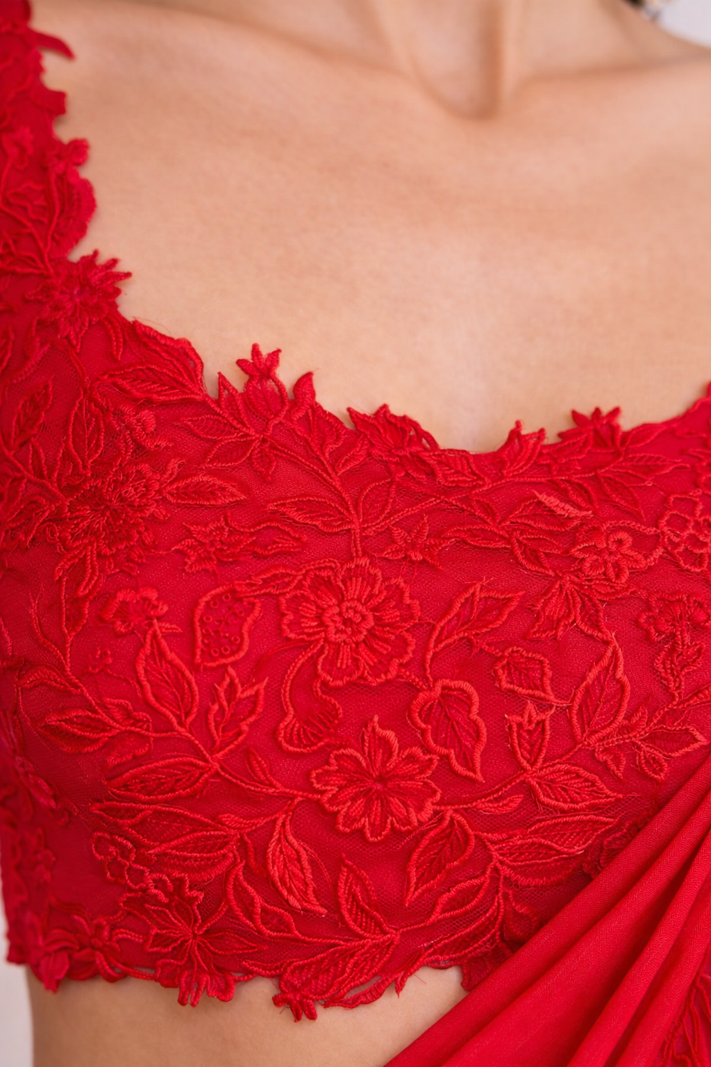 Red Draped Georgette Saree Set with Embroidered Blouse