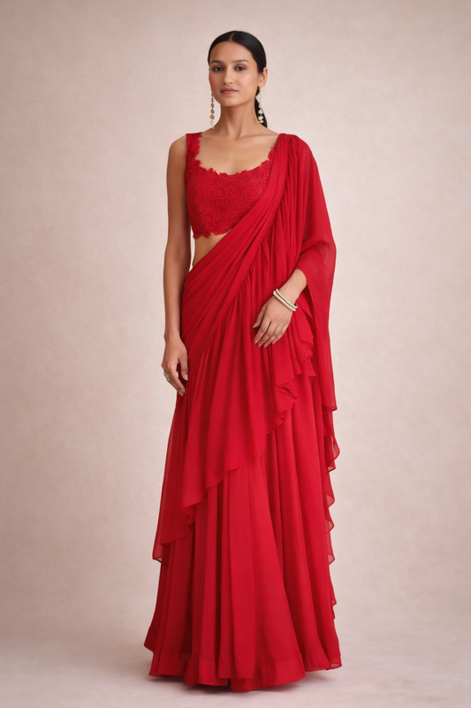 Red Draped Georgette Saree Set with Embroidered Blouse