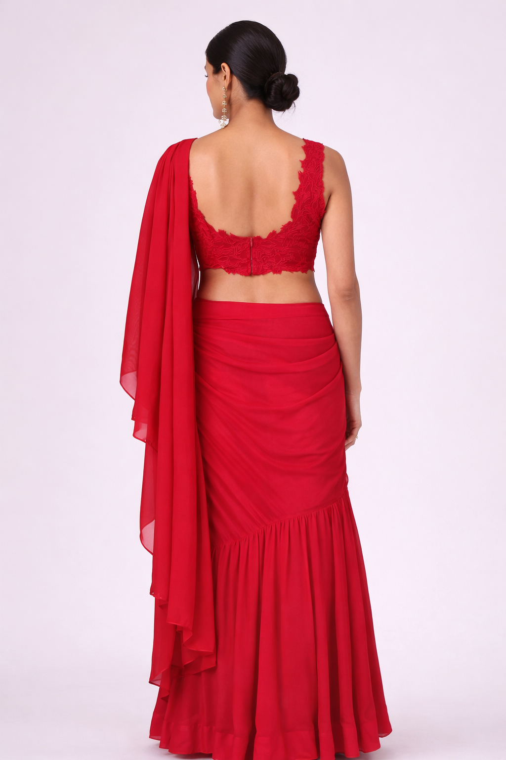 Red Draped Georgette Saree Set with Embroidered Blouse