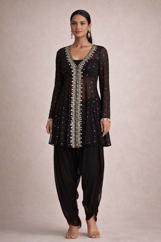 Black Embellished Georgette Kurta Set with Dhoti Pants
