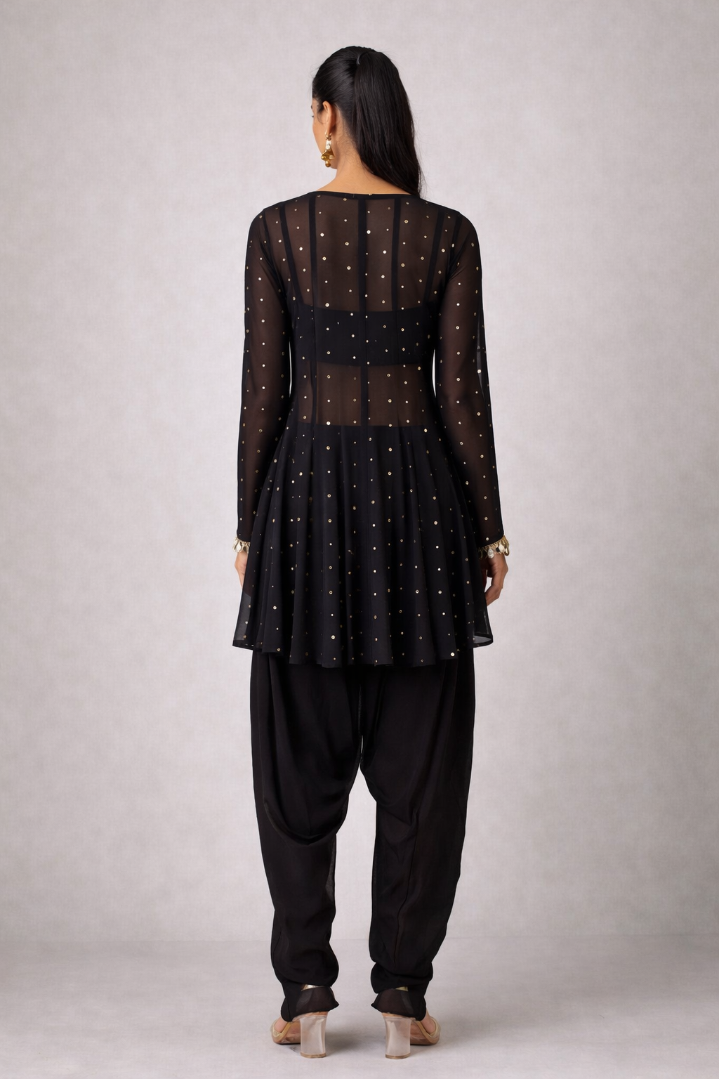 Black Embellished Georgette Kurta Set with Dhoti Pants