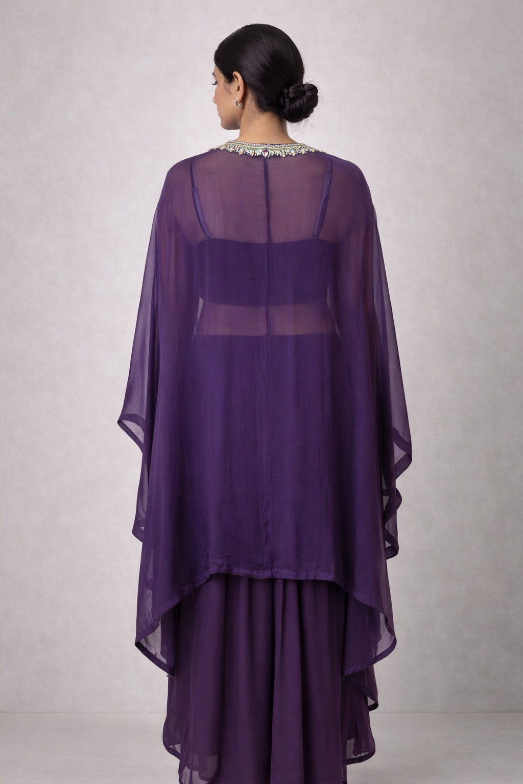 Purple Hand-Embroidered Georgette Cape Set with Draped Skirt