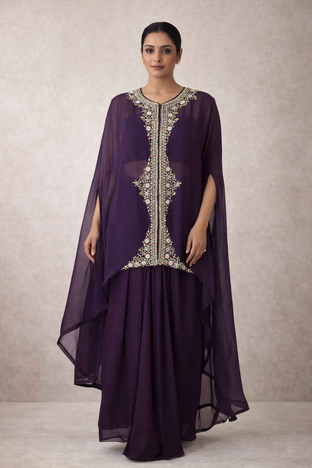 Purple Hand-Embroidered Georgette Cape Set with Draped Skirt