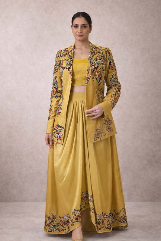 Mustard Printed Cotton Silk Jacket Set with Draped Crepe Skirt & Bralette