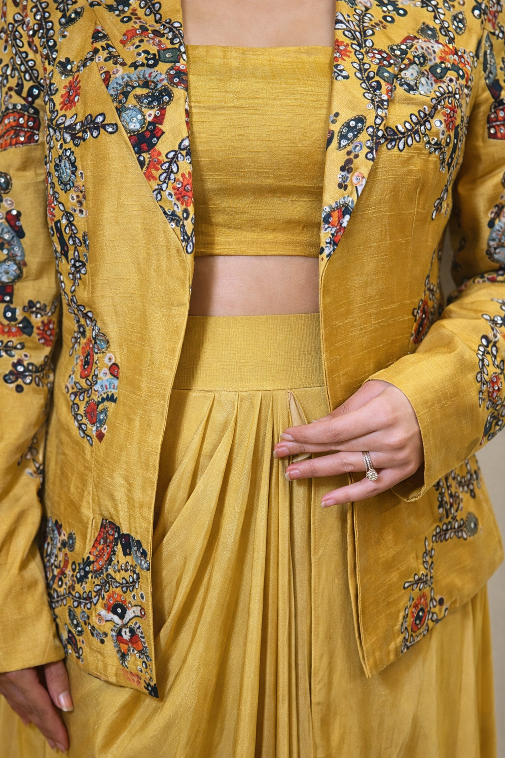 Mustard Printed Cotton Silk Jacket Set with Draped Crepe Skirt & Bralette