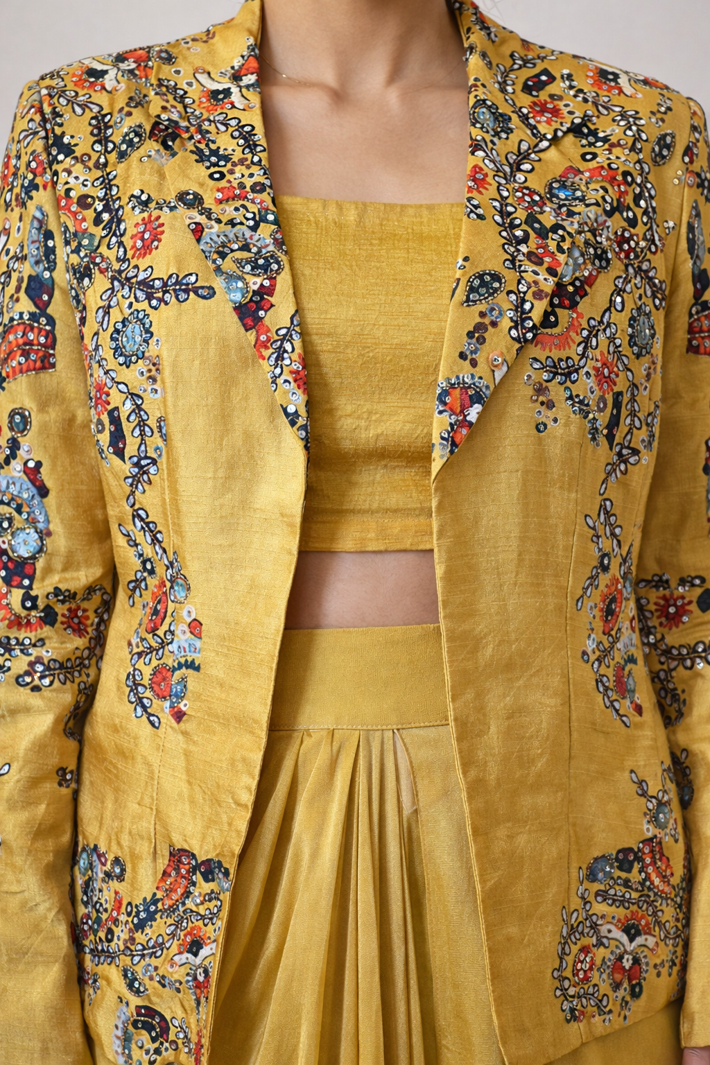 Mustard Printed Cotton Silk Jacket Set with Draped Crepe Skirt & Bralette
