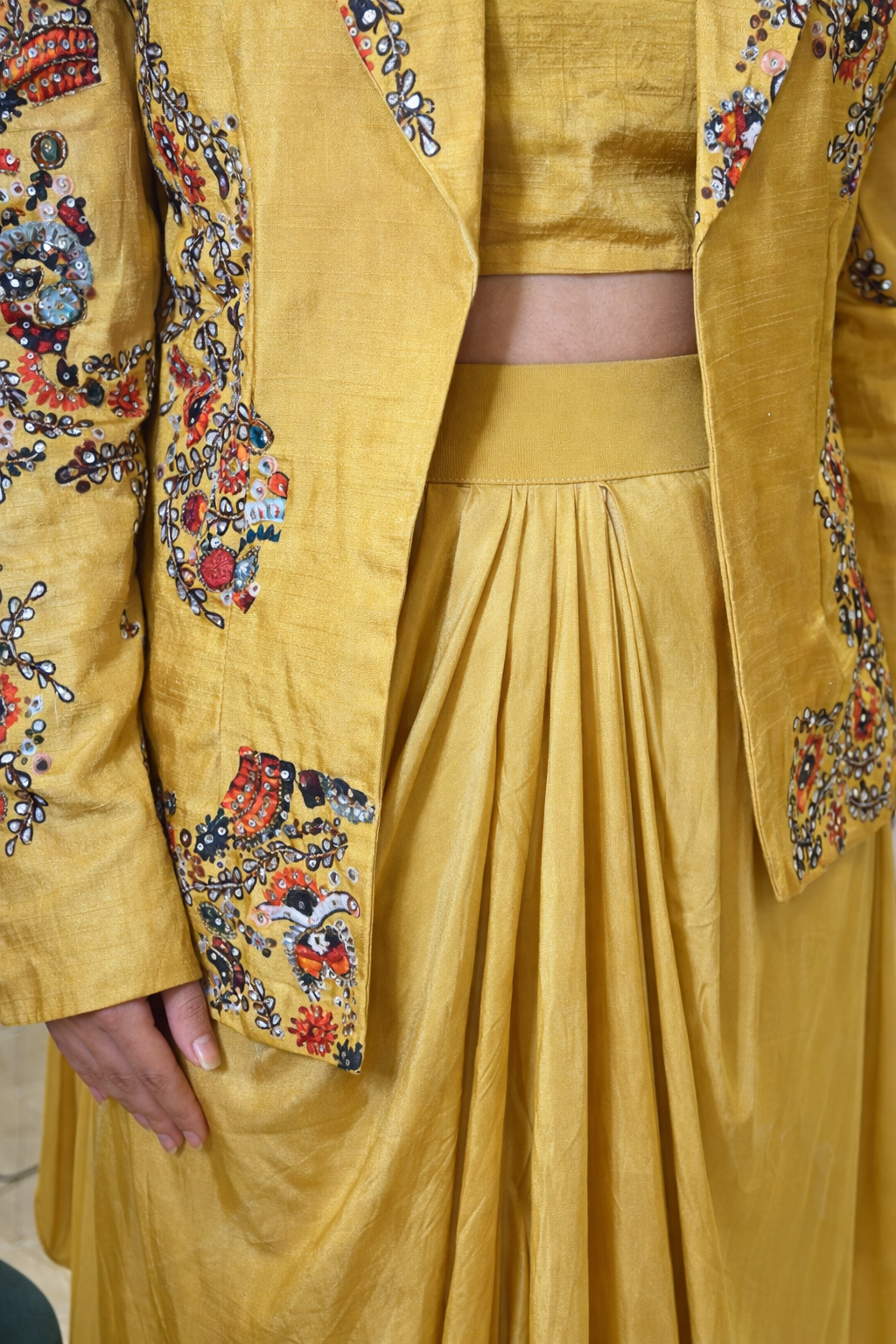 Mustard Printed Cotton Silk Jacket Set with Draped Crepe Skirt & Bralette