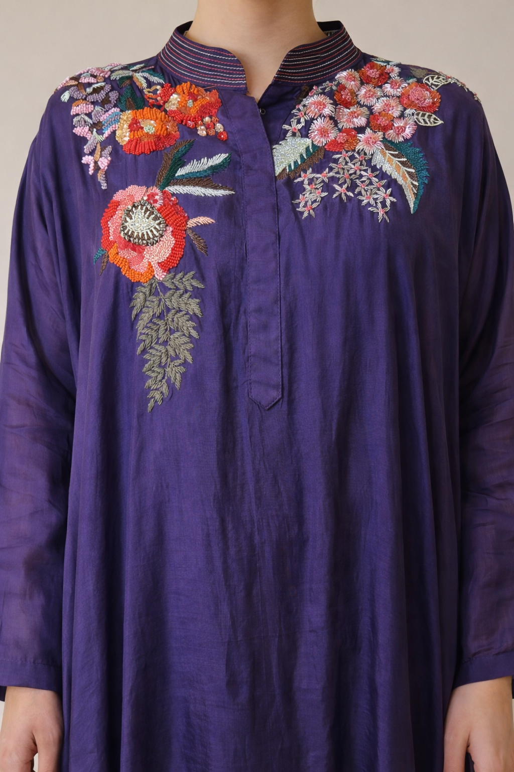 Purple Hand-Embroidered Cape Kurta Set with Inner