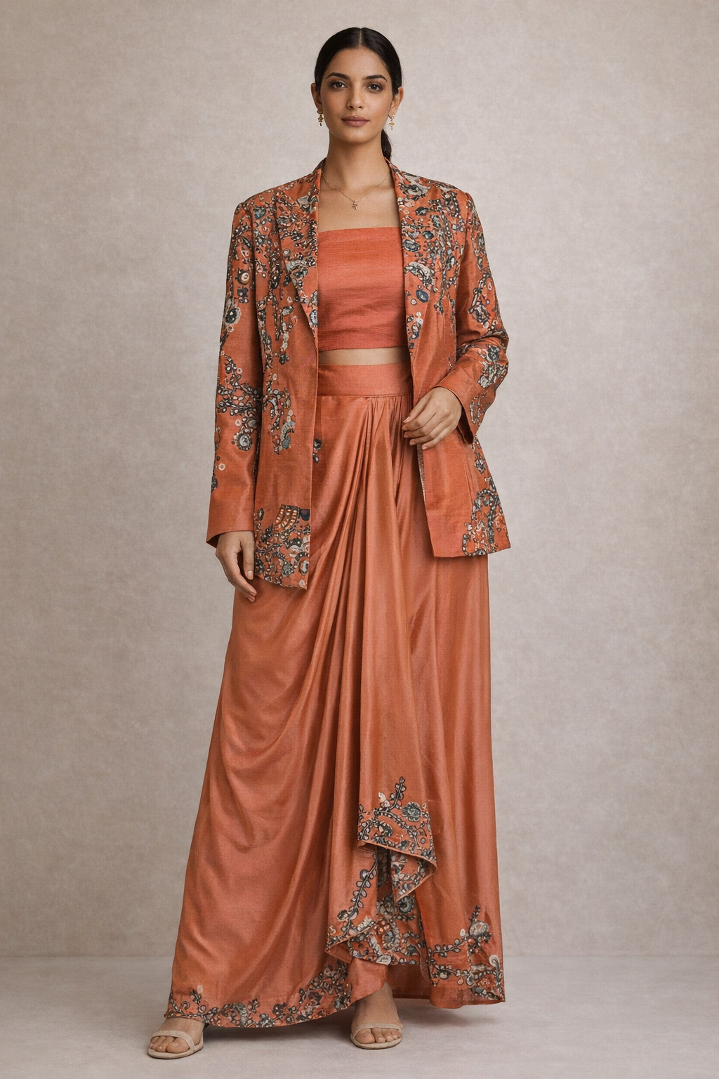 Coral Printed Cotton Silk Jacket Set with Draped Crepe Skirt & Inner