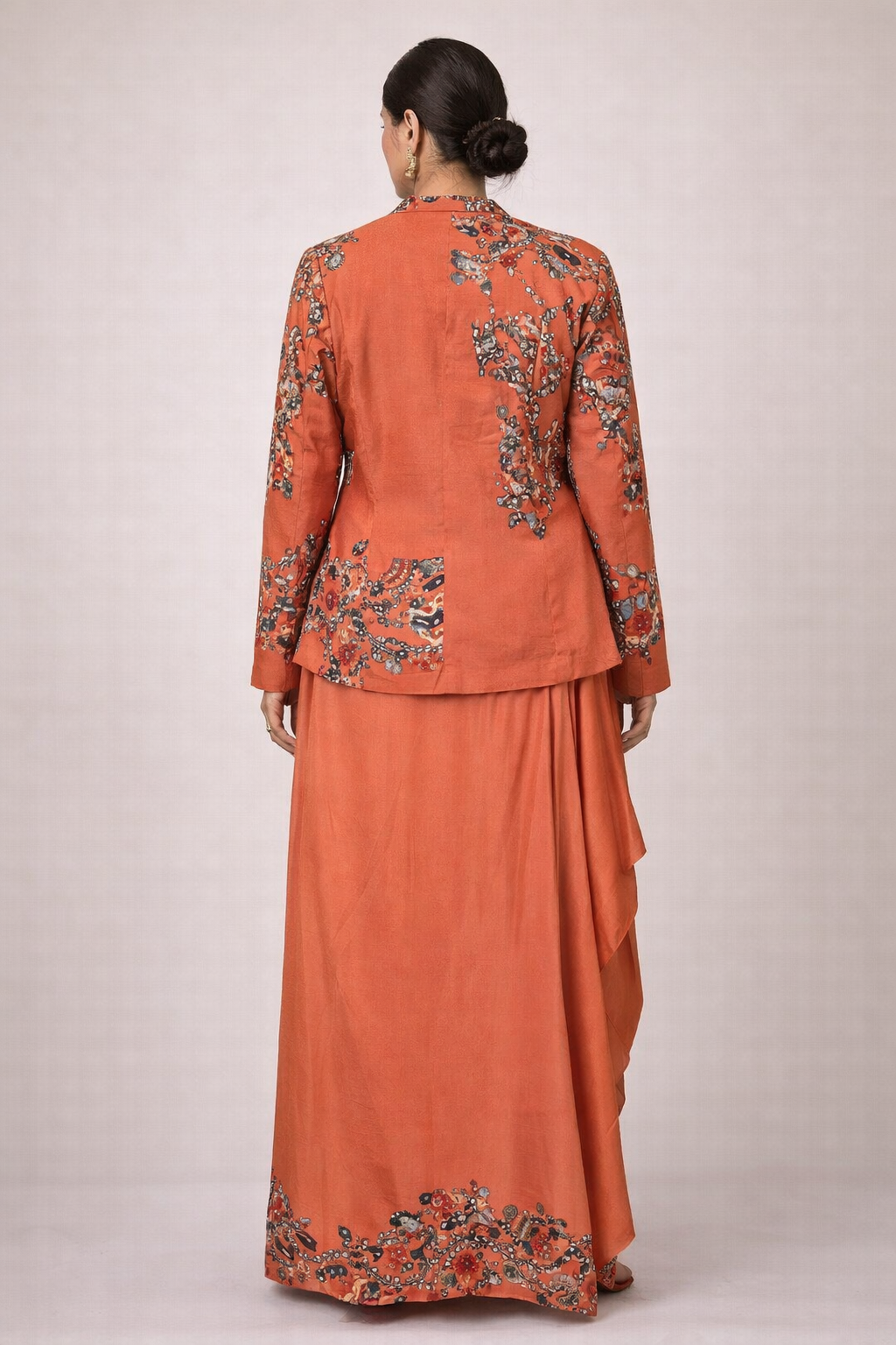 Coral Printed Cotton Silk Jacket Set with Draped Crepe Skirt & Inner