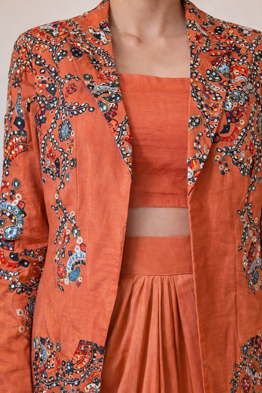 Coral Printed Cotton Silk Jacket Set with Draped Crepe Skirt & Inner