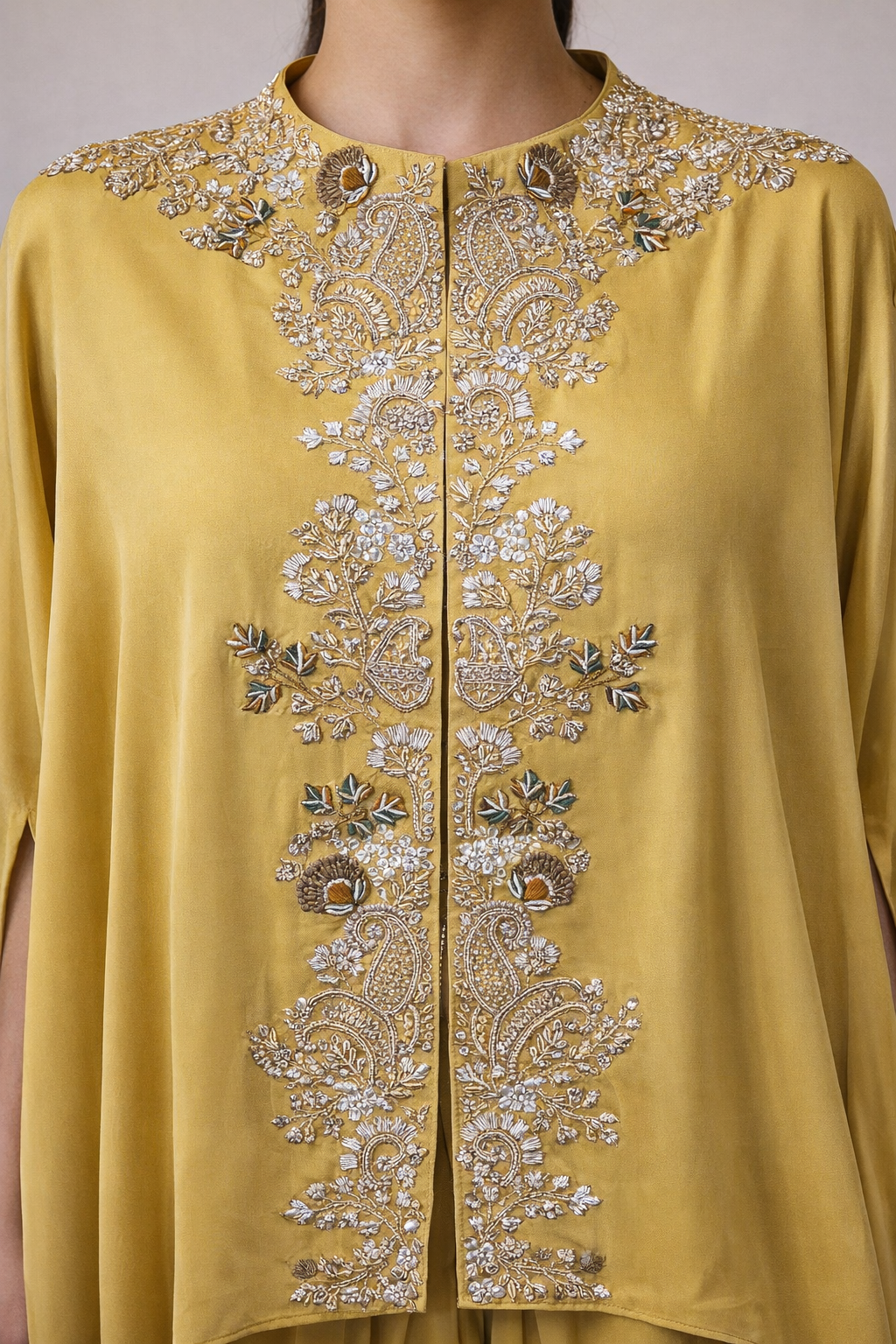 Mustard Yellow Embroidered Cape Kurta Set with Inner & Dhoti Pants
