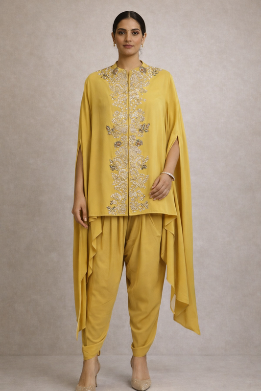 Mustard Yellow Embroidered Cape Kurta Set with Inner & Dhoti Pants