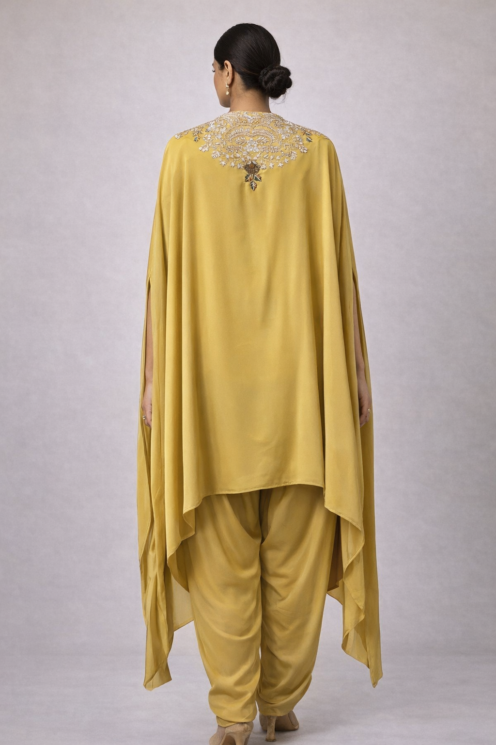 Mustard Yellow Embroidered Cape Kurta Set with Inner & Dhoti Pants