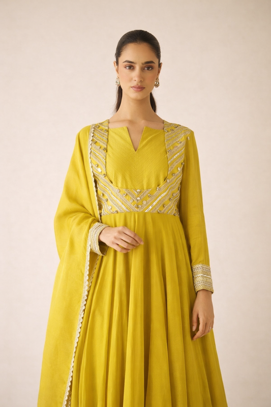 Lime Green Embroidered Anarkali Set with Dupatta