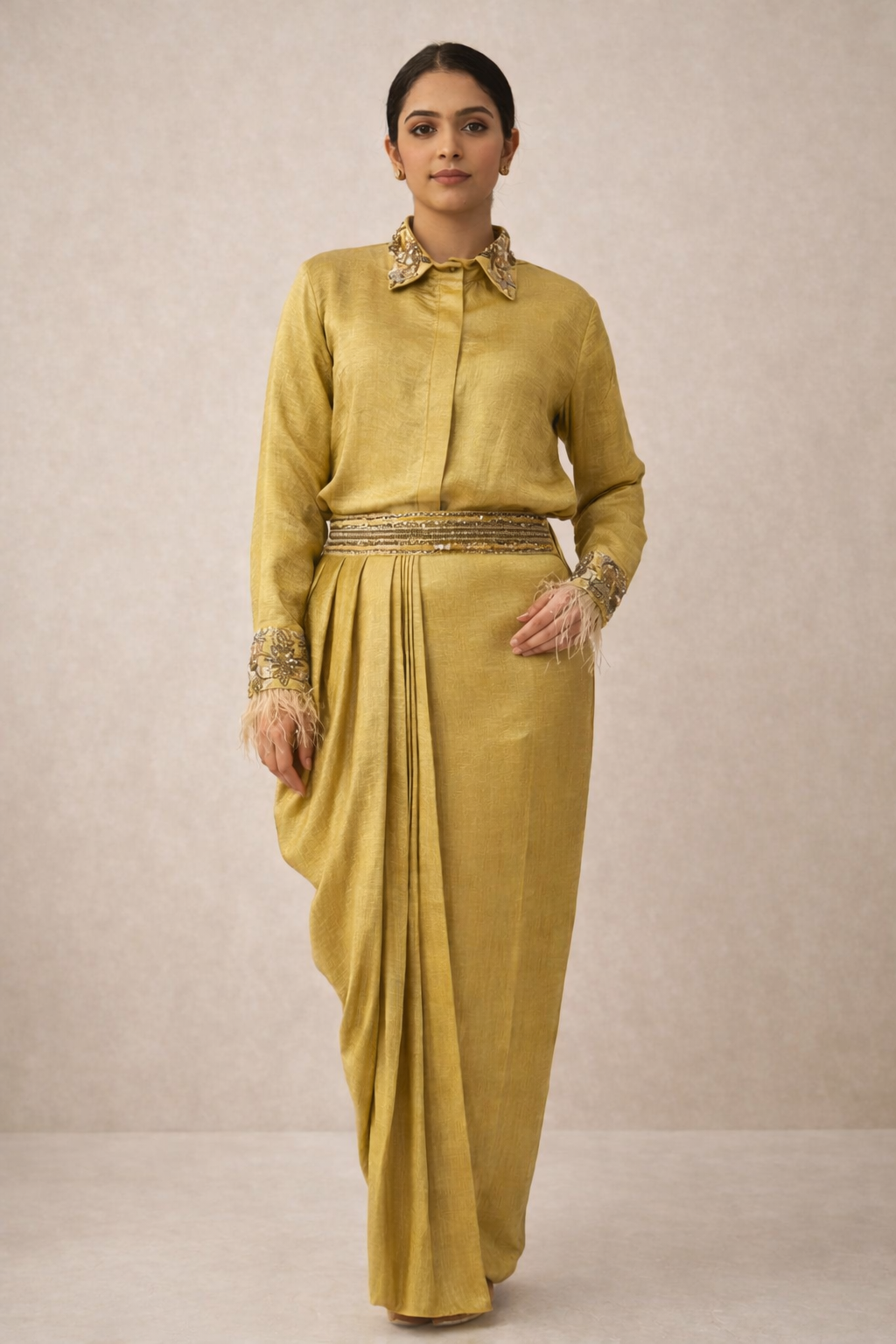 Aurelia Gold Embroidered Shirt & Draped Skirt