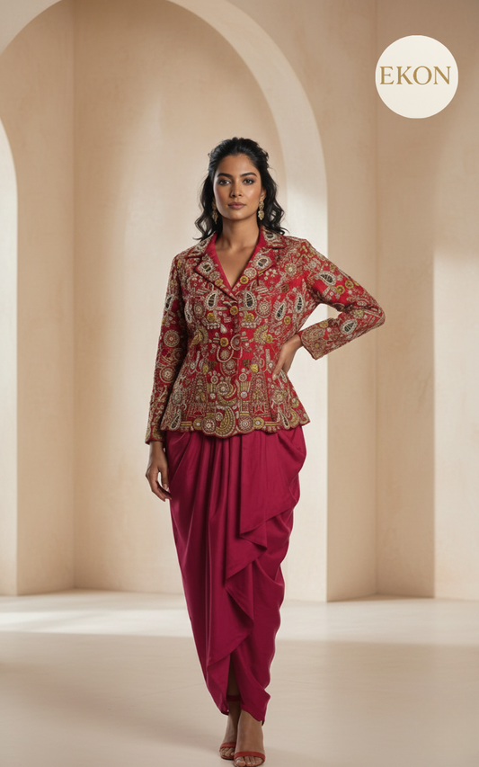 Hand-Embroidered Cotton Silk Jacket with Crepe Pleated Skirt